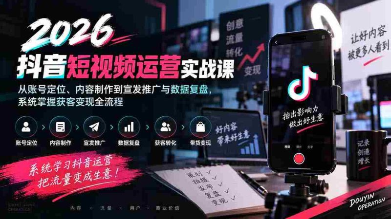 2026抖音短视频运营实战课:从账号定位、内容制作到宣发推广与数据复盘,系统掌握获客变现全流程-有道网创