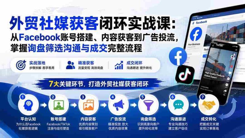 (20218期)外贸社媒获客闭环实战课:从Facebook账号搭建、内容获客到广告投流,掌握询盘筛选沟通与成交完整流程-有道网创