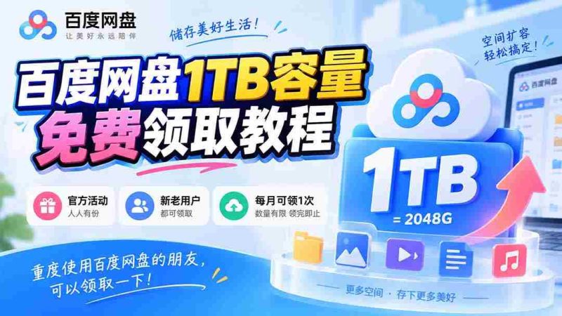 百度网盘1TB容量免费领取教程，重度使用百度网盘的朋友，可以领取一下，每月可领-有道网创