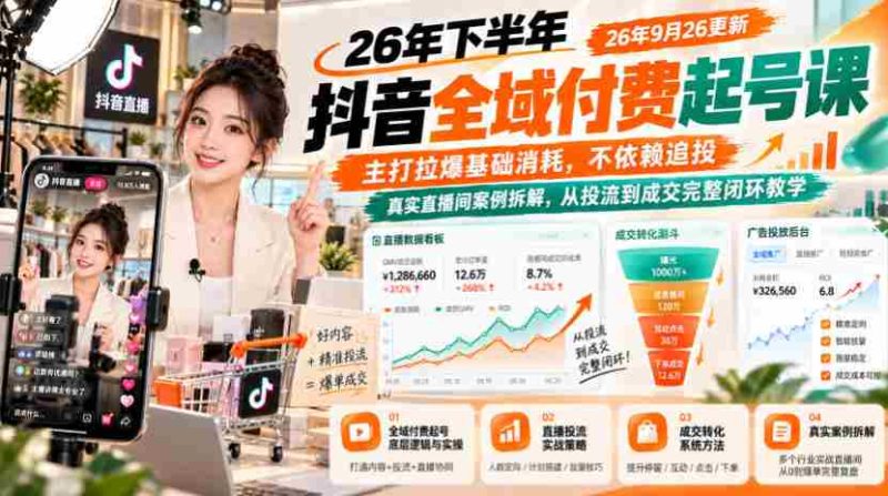 抖音付费课程26年秋季全新上线:9月26日更新,聚焦基础消耗策略,摆脱追投依赖,深度解析真实直播间案例,涵盖从投流到成交的全过程教学闭环-有道网创