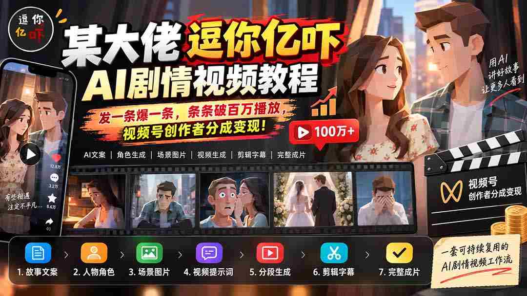 某大佬逗你亿吓AI低模剧情视频制作教程：发一条爆一条，条条破百万播放，利用视频号创作者分成变现!-有道网创