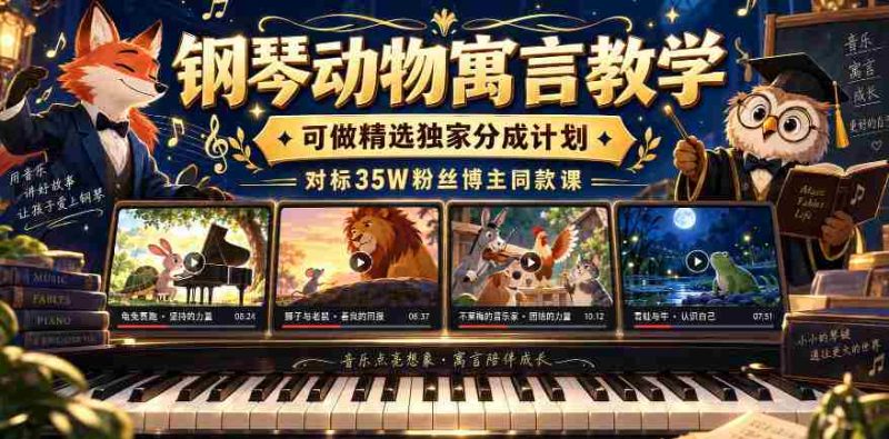 钢琴动物寓言教学，可做精选独家分成计划，对标35W粉丝博主同款课-有道网创