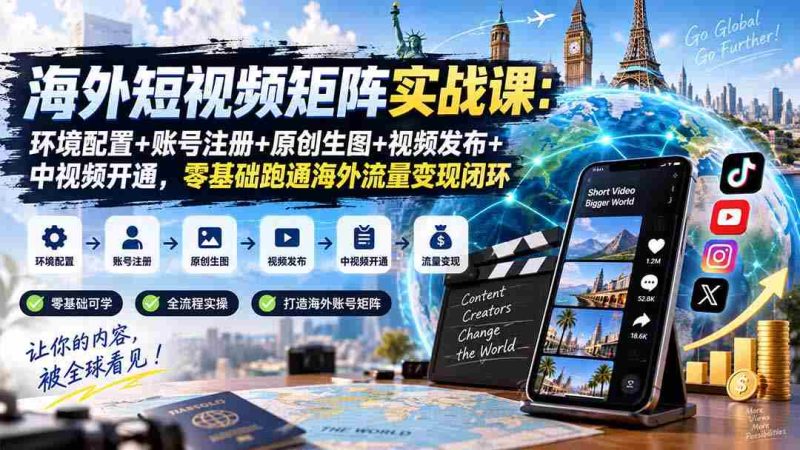 海外短视频矩阵实战课:环境配置+账号注册+原创生图+视频发布+中视频开通,零基础跑通海外流量变现闭环-有道网创