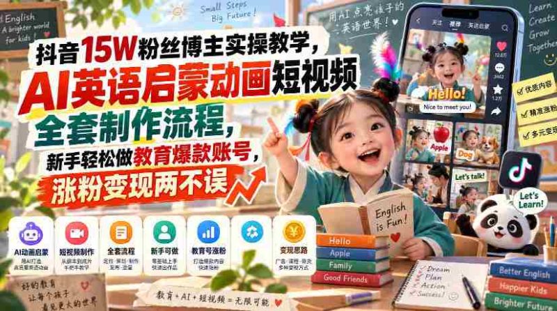 揭秘抖音15万粉丝达人实操攻略:AI英语启蒙动画短视频全流程制作,新手轻松打造教育热门账号,粉丝增长与收益双赢-有道网创