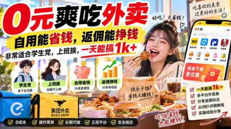 0元爽吃外卖,自用能省钱,返佣能挣钱,非常适合学生党,上班族,一天能搞1k+-有道网创