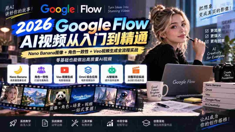探索Google Flow AI视频制作:深度解析Nano Banana图像、角色一致性及Veo视频生成技巧,中英字幕全程指导-有道网创
