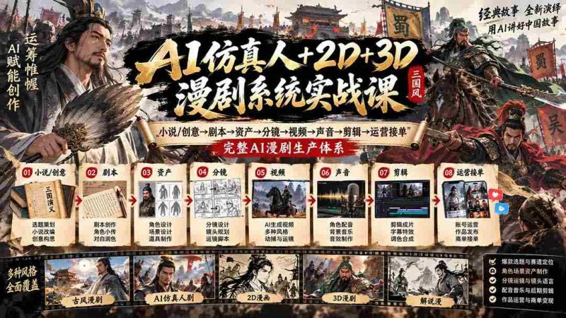 从小说创意到运营接单,AI全链路漫剧制作课程:2D、3D技术融合,打造一站式AI仿真人漫剧制作系统-有道网创