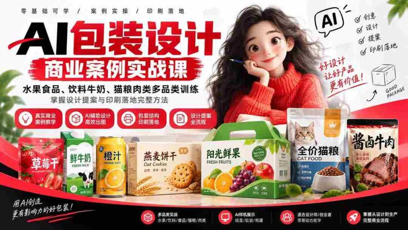 AI包装设计商业案例实战课:水果食品、饮料牛奶、猫粮肉类多品类训练,掌握设计提案与印刷落地完整方法-有道网创