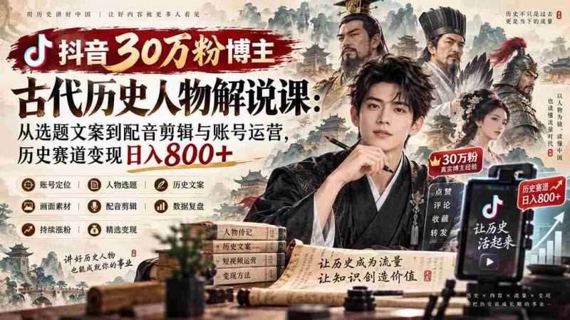 抖音30万粉博主古代历史人物解说课:从选题文案到配音剪辑与账号运营,历史赛道变现日入800+-有道网创