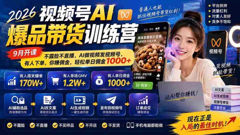 2026年视频号AI爆款带货课程来袭!9月启航,无需露脸直播,AI帮你制作与发布,订单源源不断,佣金日入千余,轻松赚钱!-有道网创