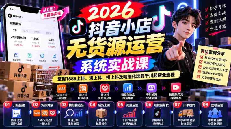 2026抖音店铺无货源运营攻略:全解析1688跨平台抖音营销、淘宝抖音融合、拼多多抖音联动及精准选品与千川开店技巧-有道网创