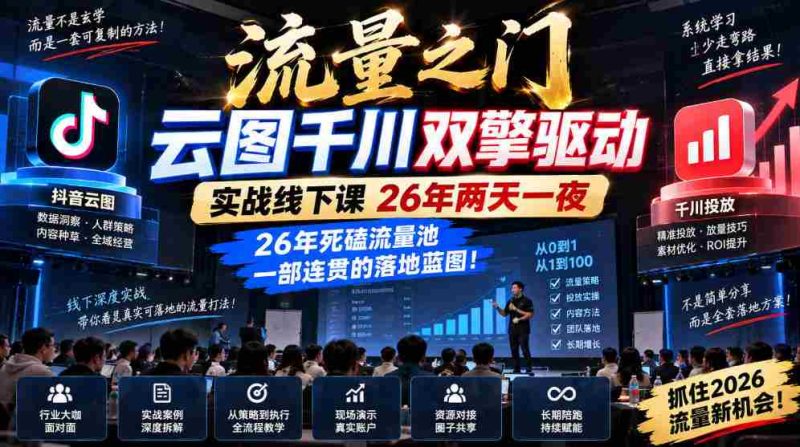 云图千川双引擎助力,流量之门实战课程26载,两天一夜深度解码,打造流量池的连贯实战指南!-有道网创