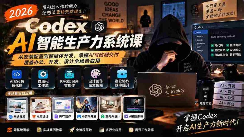 2026年Codex AI智能生产力课程升级版:全方位学习AI技术,从安装到开发,精通AI写作、修改、测试与交付,适用办公、开发、设计各领域-有道网创