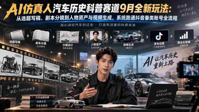 AI仿真人汽车历史科普赛道9月全新玩法:从选题写稿、剧本分镜到人物资产与视频生成,系统跑通抖音垂类账号全流程-有道网创