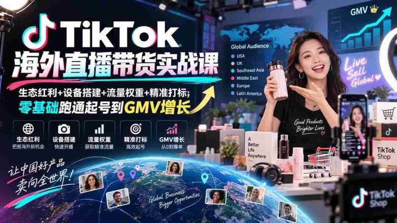 TikTok海外直播带货实战课｜生态红利+设备搭建+流量权重+精准打标，零基础跑通起号到GMV增长-有道网创