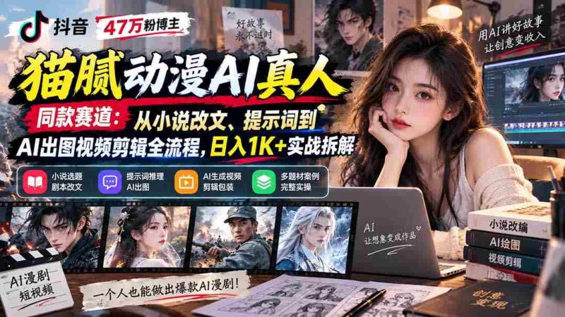 抖音47万粉博主猫腻动漫AI真人同款赛道:从小说改文、提示词到AI出图视频剪辑全流程,日入1K+实战拆解-有道网创