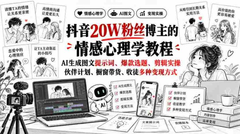 揭秘抖音20万粉丝达人:深度解析情感心理学课程,AI打造图文攻略、热门选题、剪辑技巧,全方位解析伙伴计划、橱窗销售、收徒赚钱多途径-有道网创