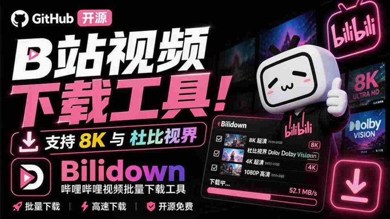 (20295期)Github开源B站视频下载工具!支持 8K 与杜比视界的哔哩哔哩视频批量下载工具, 简单易用 Bilidown-有道网创