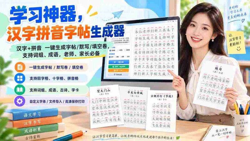 （20299期）学习神器，汉字拼音字帖生成器，汉字+拼音 一键生成字帖/默写/填空卷，支持词组、成语，老师、家长必备-有道网创