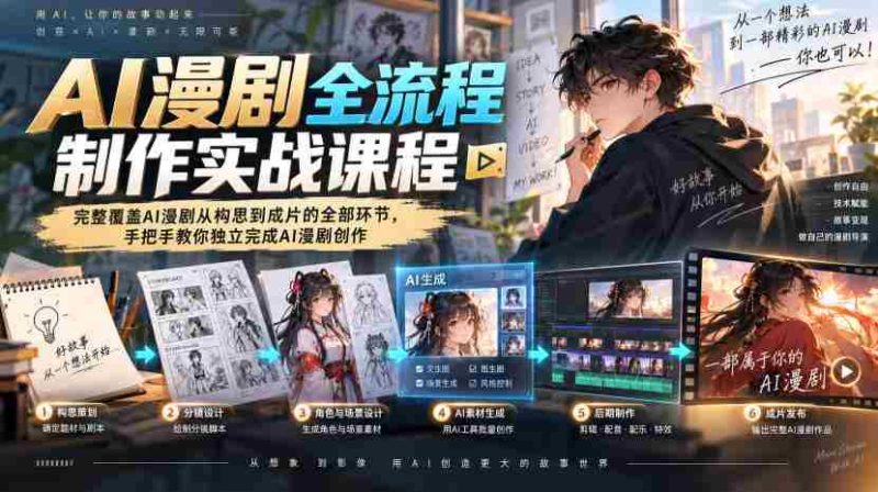 AI漫剧全流程制作实战课程,完整覆盖AI漫剧从构思到成片的全部环节,手把手教你独立完成AI漫剧创作-有道网创