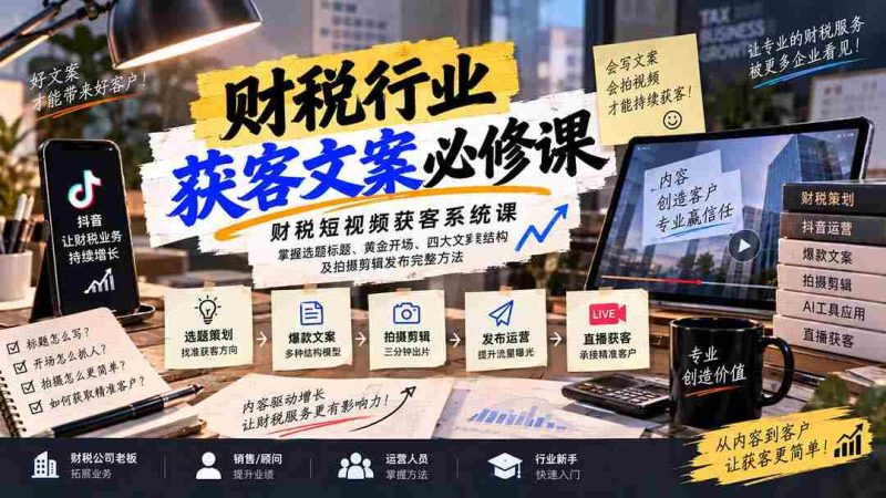 短视频财税引流秘籍:精准选题与标题,开场吸睛技巧,文案四大架构解析及拍摄剪辑发布全攻略-有道网创