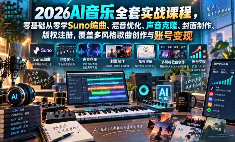 2026AI音乐制作实战攻略:零起点解锁Suno编曲、混音提升、声音复制与版权登记,多元风格创作助力账号盈利-有道网创
