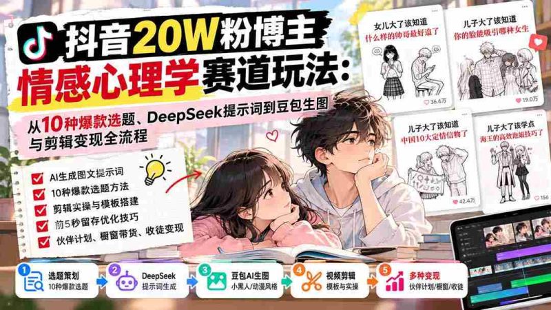 揭秘抖音20万粉丝大V的情感心理领域攻略:精选10大热门选题,深度解析DeepSeek关键词,豆包生图与剪辑技巧,全方位变现攻略一网打尽-有道网创