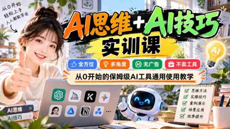 【无水印】AI思维+AI技巧实训课,全方位、多角度、无广告、不卖工具,从0开始的保姆级AI工具通用使用教学-有道网创