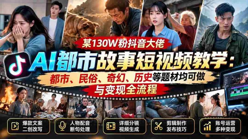 某130W粉抖音大佬AI都市故事短视频教学:都市、民俗、奇幻、历史等题材均可做与变现全流程-有道网创