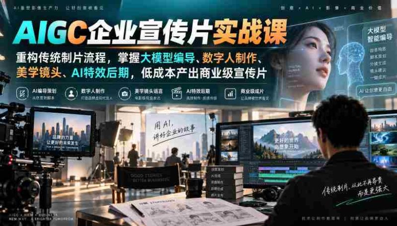 颠覆传统影视制作！AIGC实战培训，深度解析大模型编导技巧、数字人制作艺术、美学镜头捕捉与AI特效后期，轻松打造低成本商业级宣传片-有道网创
