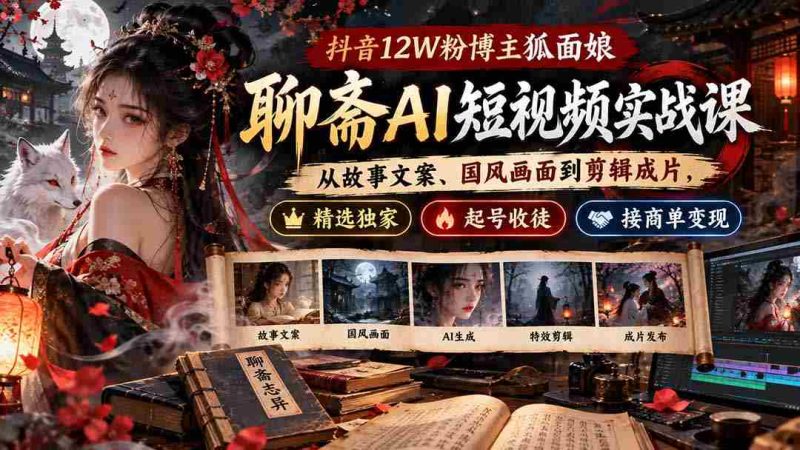 狐面娘抖音12万粉丝博主揭秘：聊斋AI短视频制作全攻略，涵盖文案、国风画面、剪辑技巧，独家教程助你起号收徒，轻松接商单盈利-有道网创