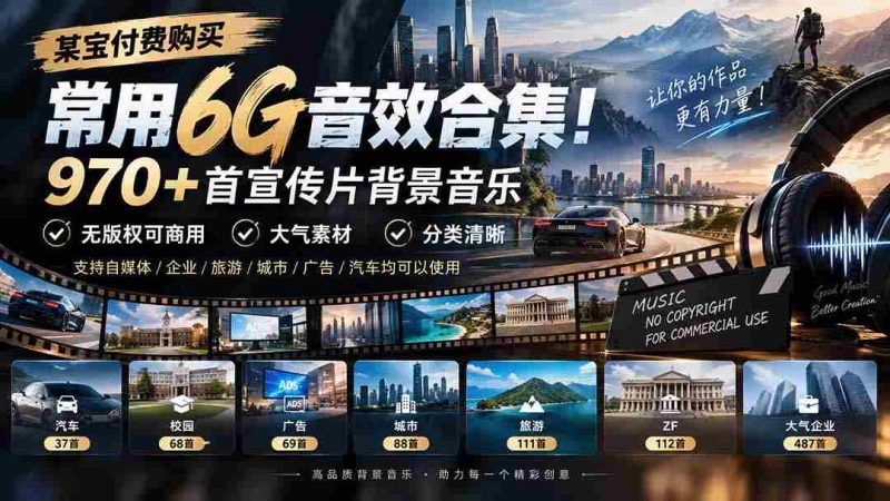精选某宝付费音效包，囊括6G动感音乐库！千余首宣传片背景曲，商用无忧，分类详尽，大气素材尽在掌握-有道网创