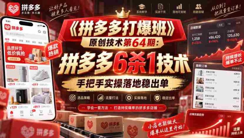 《拼多多打爆班》原创技术第64期：拼多多6杀1技术，手把手实操落地稳出单-有道网创