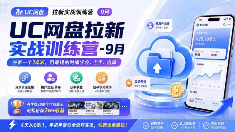 (20240期)UC网盘拉新实战训练营-9月,拉新一个14米,用最短的时间学会、上手、出单,有学员20余个作品,轻松斩获2w+收益-有道网创