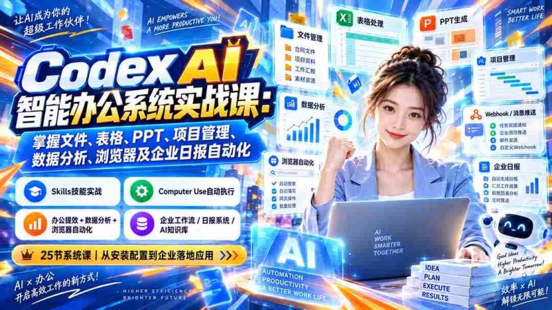 Codex AI智能办公系统实战课:掌握文件、表格、PPT、项目管理、数据分析、浏览器及企业日报自动化-有道网创