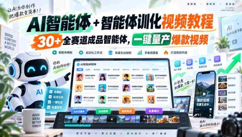 全新AI智能助手与智能训练教程,涵盖30余赛道成品智能体,轻松打造爆款视频一键量产-有道网创