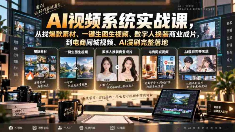 AI视频系统实战课,从找爆款素材、一键生图生视频、数字人换装商业成片,到电商同城视频、AI漫剧完整落地-有道网创