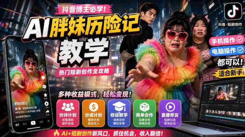 抖音博主的AI胖妹历险记教学,伙伴计划+分成计划+收徒+商单等多种收益,适合新手,手机电脑都可以操作-有道网创