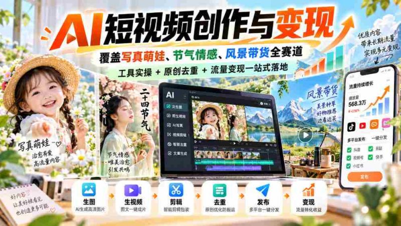 探索AI短视频全领域创作与盈利,涵盖萌娃写真、节气情感、风光带货,一网打尽工具应用、原创去重、流量变现全攻略-有道网创