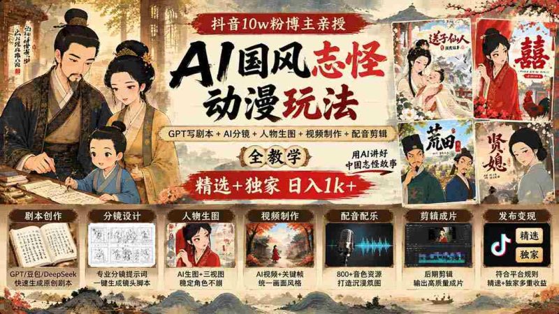 揭秘抖音百万粉丝大V揭秘AI国风动漫创作秘诀:GPT剧本编写+AI分镜指导+角色生图+视频剪辑制作全教程,精选攻略日入千元不是梦-有道网创