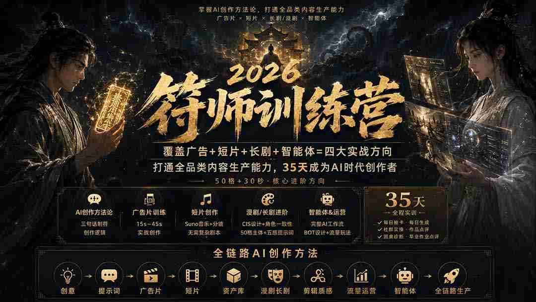 （20186期）符师训练营-35天成为AI时代创作者，广告+短片+长剧+智能体四大实战方向，掌握从创意到上线的完整工作流-有道网创