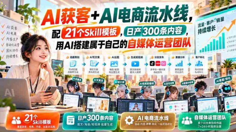AI赋能客户获取与电商全链路,配备21款技能模板,每日产出300篇内容,AI助力打造个性化自媒体运营团队-有道网创