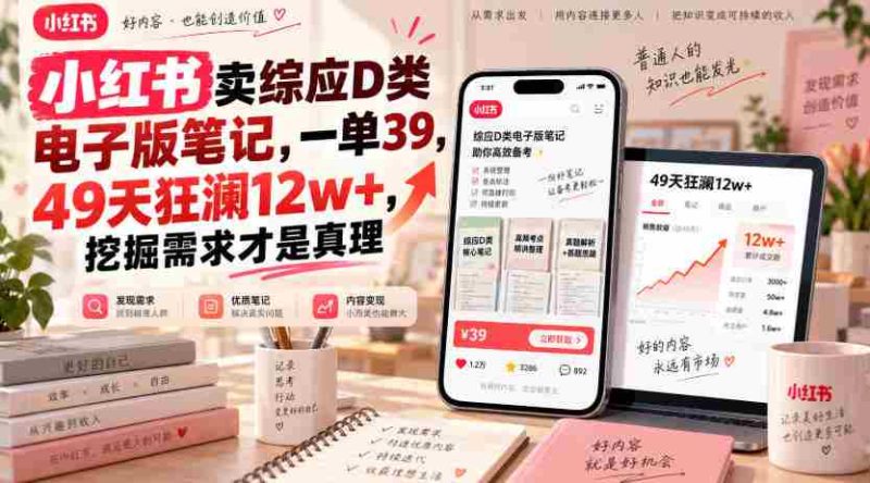 小红书卖综应D类电子版笔记,一单39,49天狂澜12w+,挖掘需求才是真理-有道网创