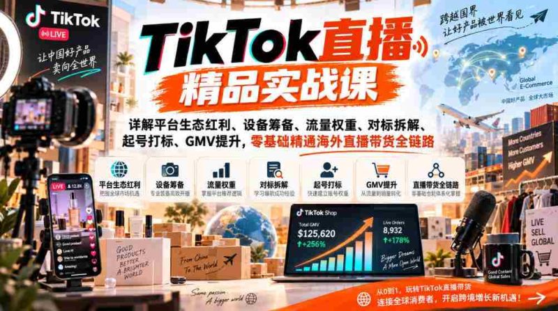 TikTok直播精品实战课,详解平台生态红利、设备筹备、流量权重、对标拆解、起号打标、GMV提升,零基础精通海外直播带货全链路-有道网创