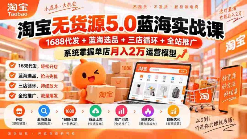 淘宝无货源5.0蓝海实战课-更新:1688代发+蓝海选品+三店循环+全站推广,系统掌握单店月入2万运营模型-有道网创