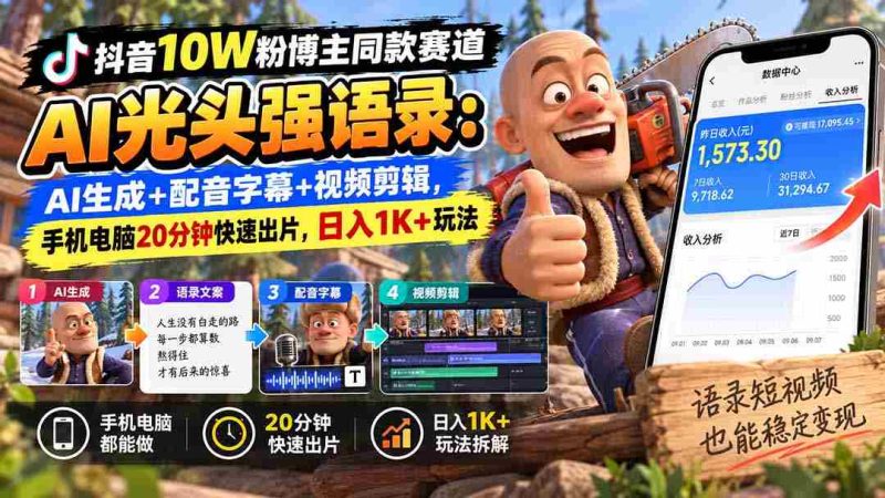 抖音十万粉丝达人热推:AI光头强台词新玩法,智能生成+语音字幕+视频剪辑,仅需手机电脑20分钟,轻松日赚千元-有道网创
