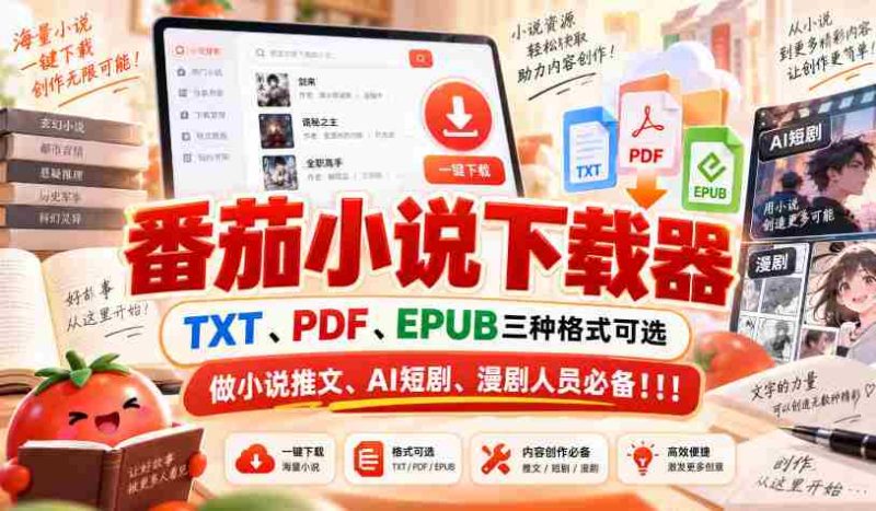 精选番茄小说下载神器，支持TXT、PDF、EPUB格式，小说推广、AI短剧、漫画剧制作必备利器！-有道网创