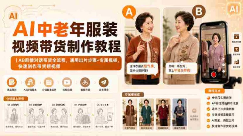 AI中老年服装视频带货制作教程|AB剧情对话带货全流程,通用出片步骤+专属模板,快速制作带货短视频-有道网创