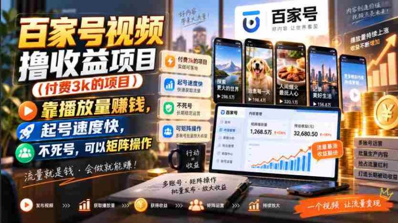 百家号视频撸收益项目（付费3k的项目），靠播放量賺钱，起号速度快，不死号，可以矩阵操作-有道网创