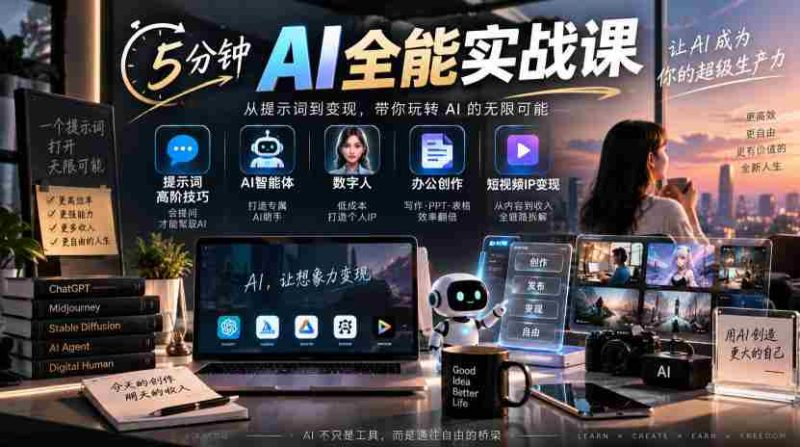 5分钟AI全能实战课|提示词高阶技巧+AI智能体+数字人+办公创作+短视频IP变现全教程-有道网创
